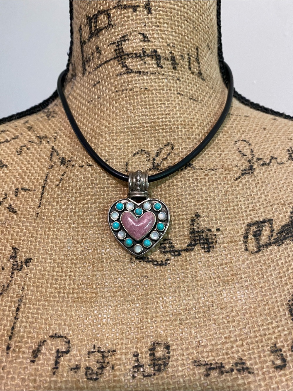 Sterling Silver and Rhodonite Heart Necklace w/ Pearl and Turquoise Accents